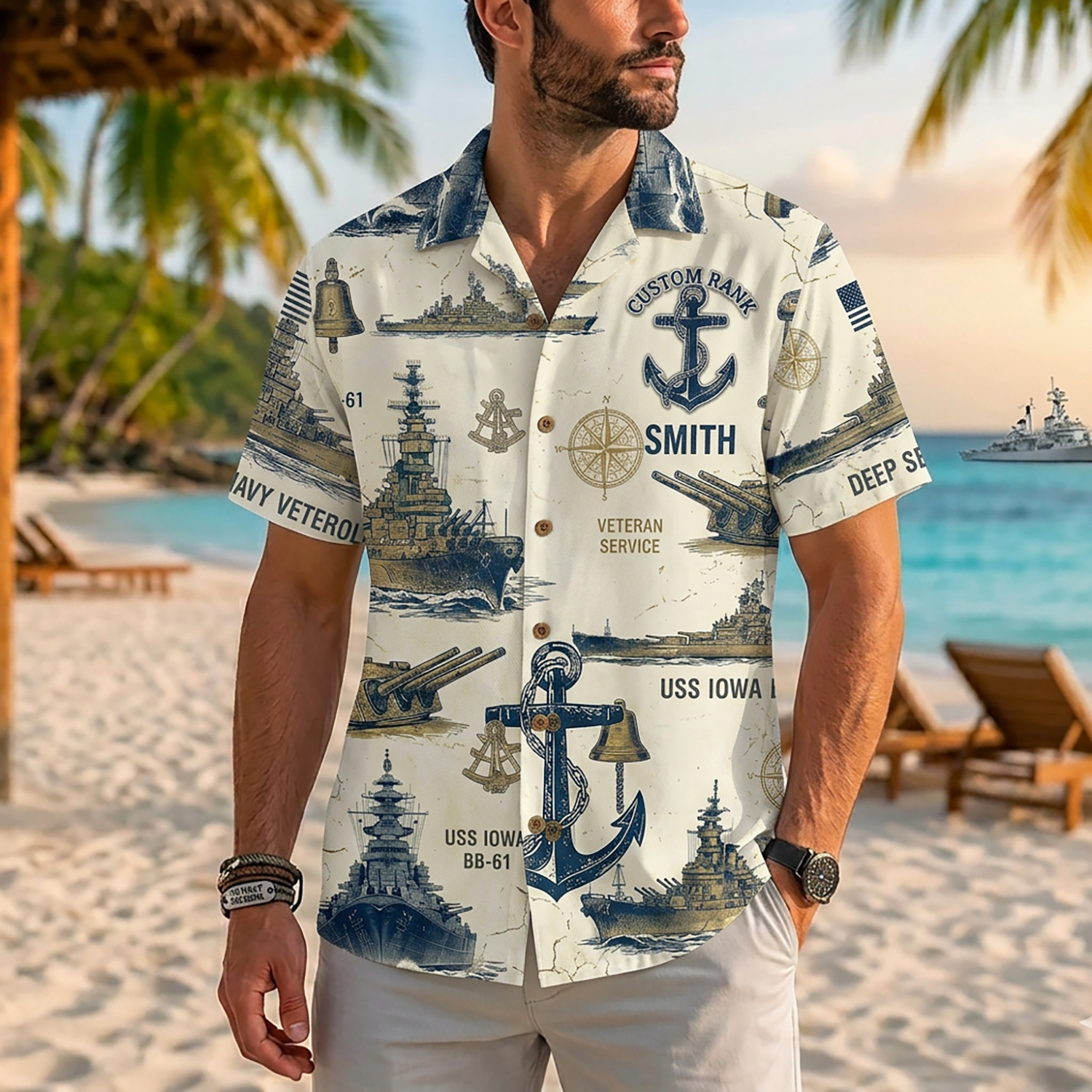 Mens US Navy Hawaiian Shirt Front View Showing Custom Last Name and Rank Slots on Model