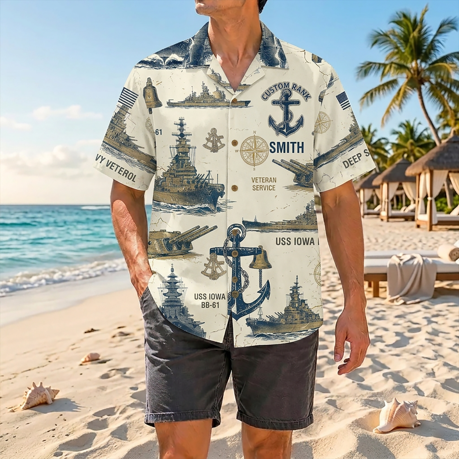 Proud Veteran Wearing Matching Personalized Navy USS Iowa BB-61 Hawaiian Shirt On A Tropical Beach