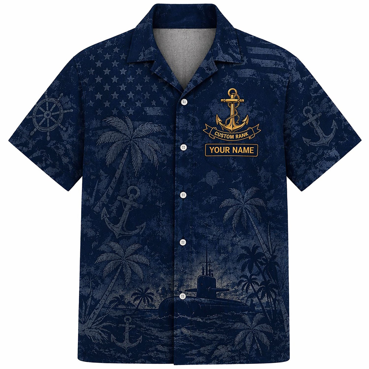 Front flat-lay view of the Personalized Proud Navy Mom Hawaiian Shirt featuring custom name and rank badges over a dark blue submarine landscape