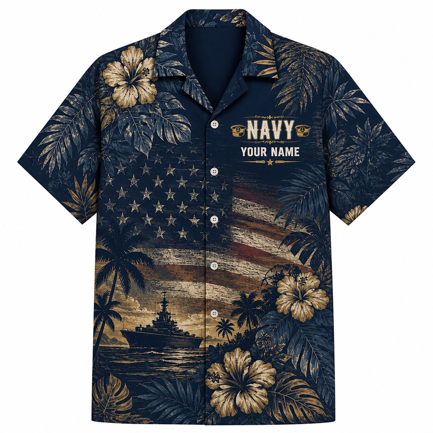 Front flat-lay view of the Personalized US Navy Veteran Hawaiian Shirt featuring a vintage American flag, battleship, and custom name layout