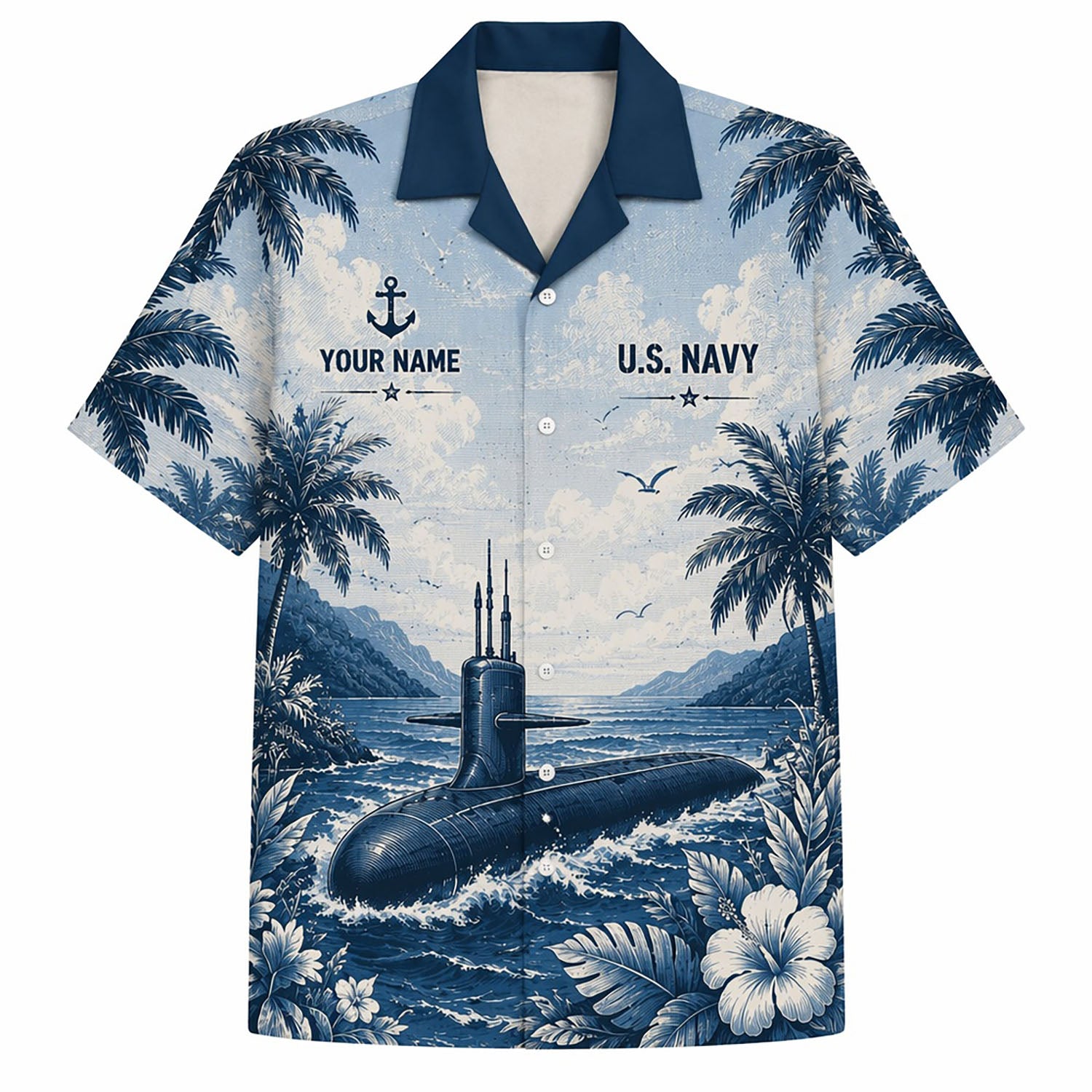 Front flat-lay view of the Personalized Royal Navy Veteran Indigo Hawaiian Shirt with a submarine sailing on blue waves