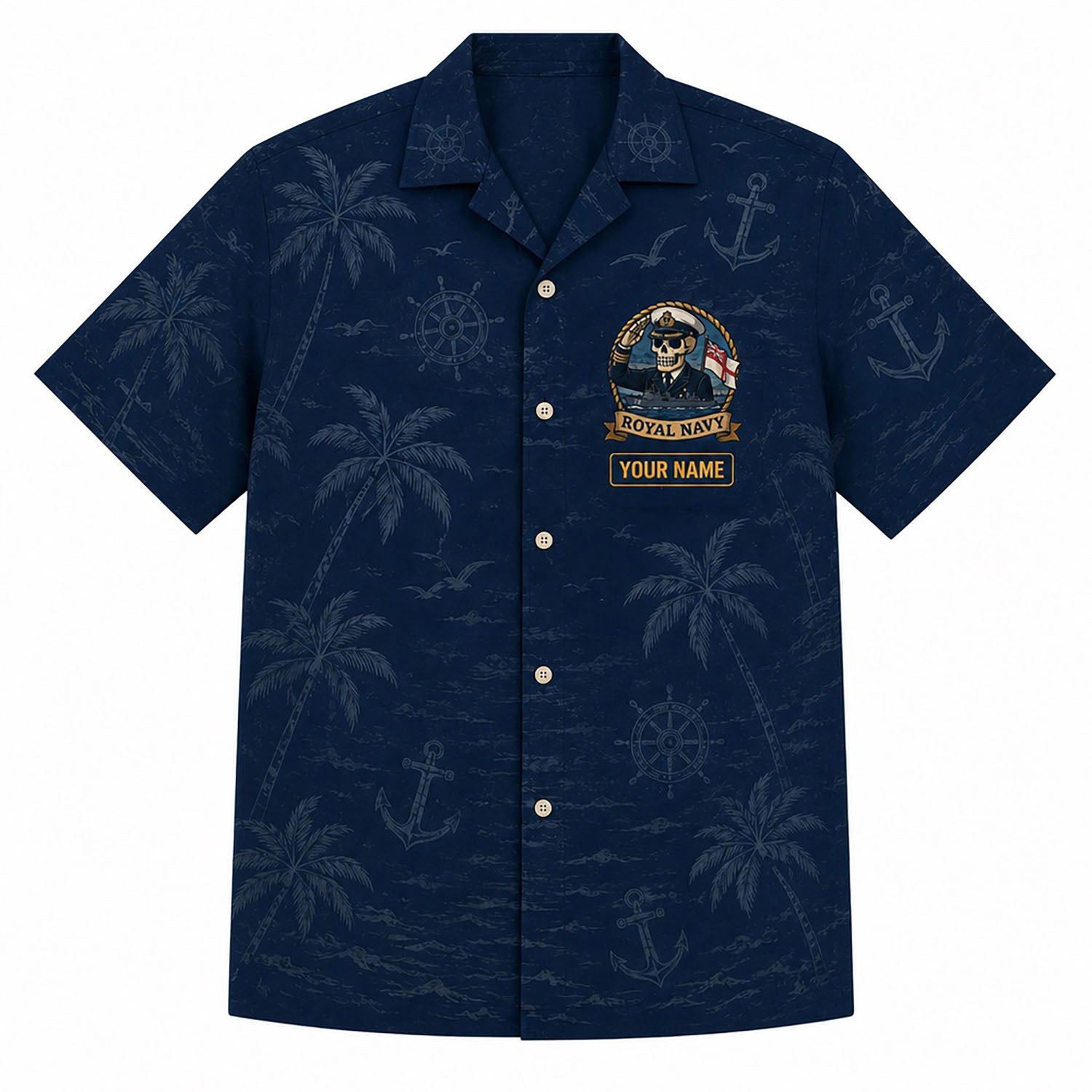 Front flat-lay view of the Personalized Royal Navy Hawaiian Shirt with a custom name block and a British military skull captain badge