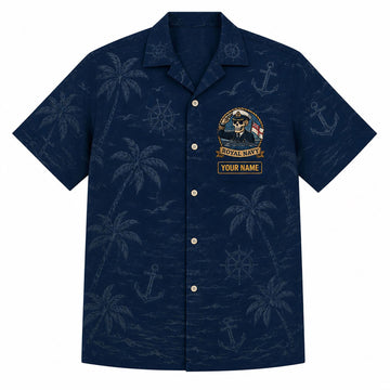 Front flat-lay view of the Personalized Royal Navy Hawaiian Shirt with a custom name block and a British military skull captain badge
