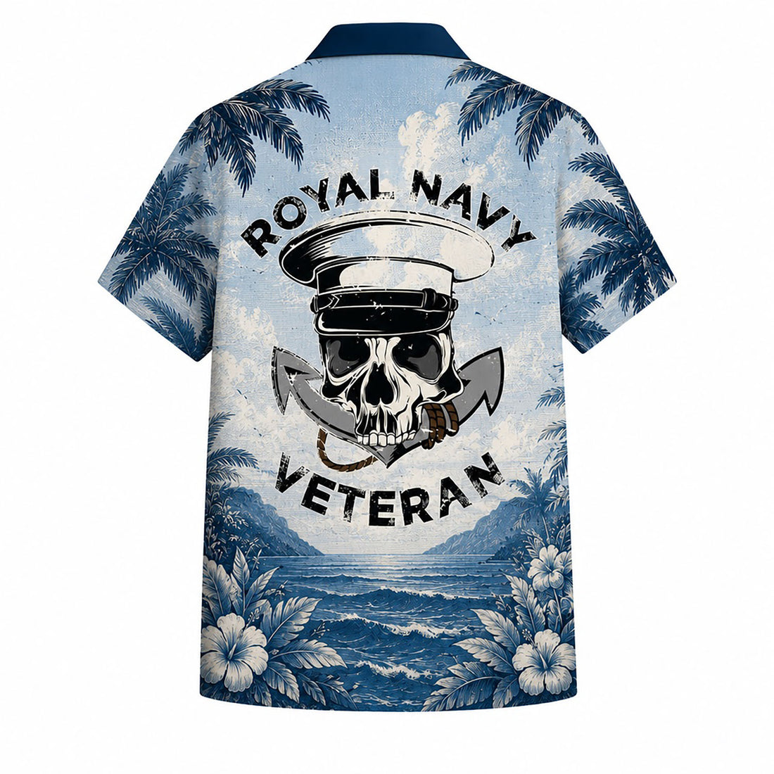 Front flat-lay view of the Personalized Royal Navy Veteran Indigo Hawaiian Shirt with a submarine sailing on blue waves