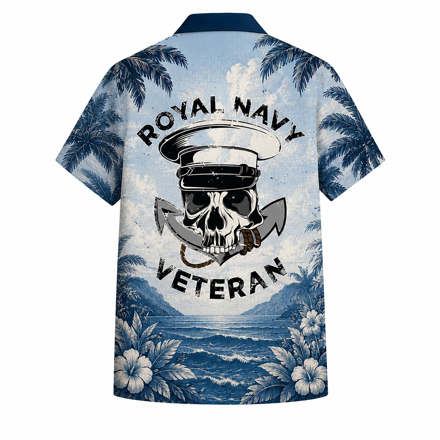 Back view mockup of the Royal Navy veteran indigo shirt showcasing a bold military officer skull with an anchor emblem