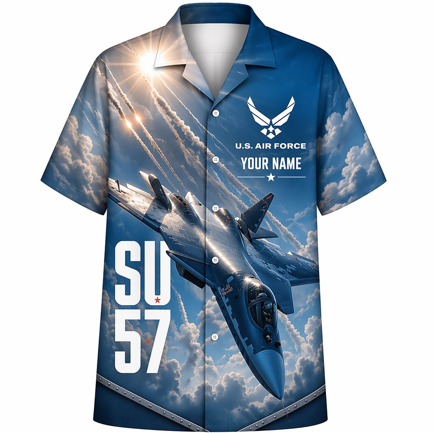 Front flat-lay view of the sky blue Su-57 Felon Hawaiian shirt featuring a bold vertical SU-57 graphic, custom name block, and sunburst missile trail background