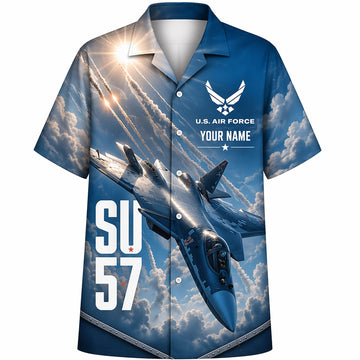 Front flat-lay view of the sky blue Su-57 Felon Hawaiian shirt featuring a bold vertical SU-57 graphic, custom name block, and sunburst missile trail background