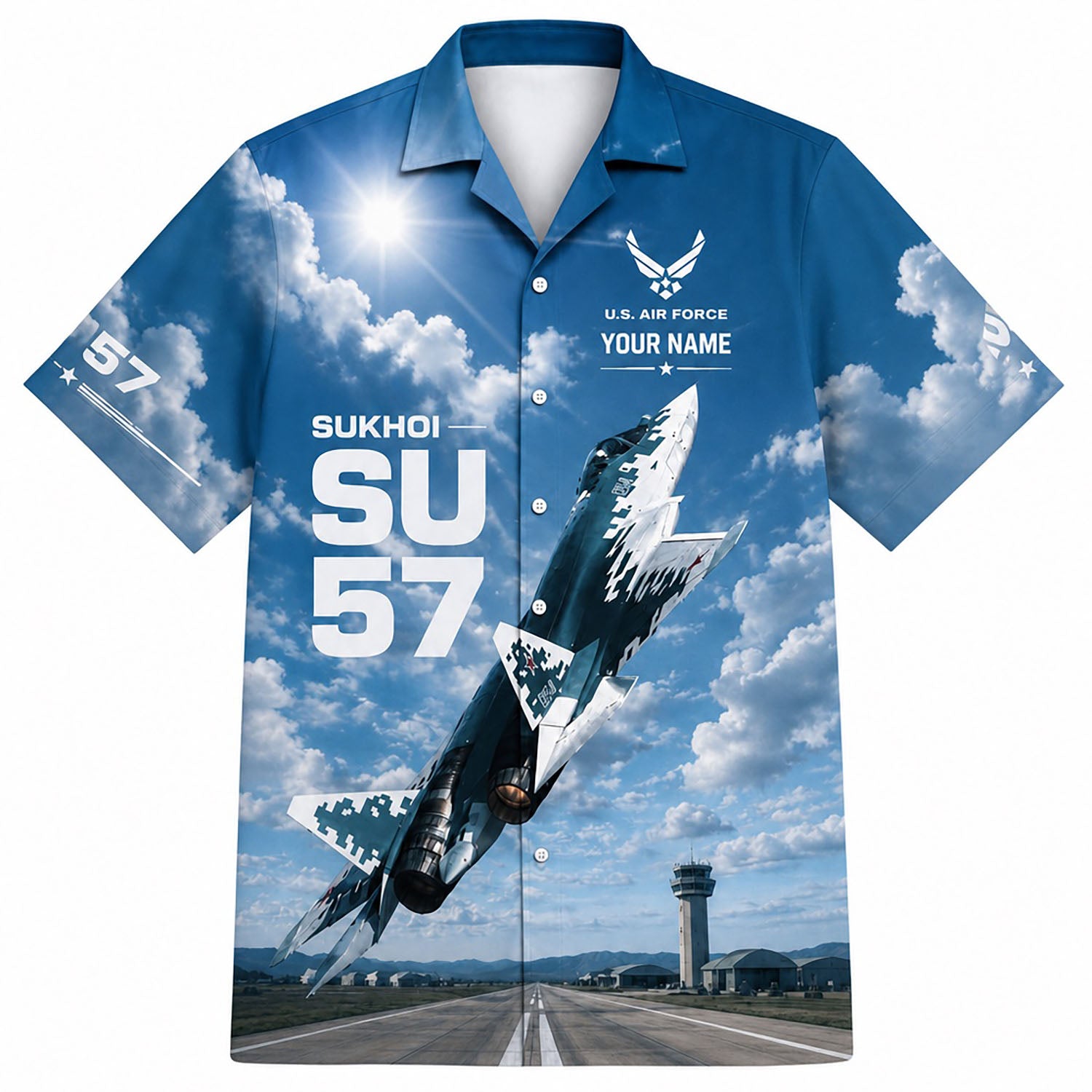 Front flat-lay view of the Personalized Sukhoi Su-57 Jet Veteran Hawaiian Shirt with custom name and U.S. Air Force logo over a military airfield runway