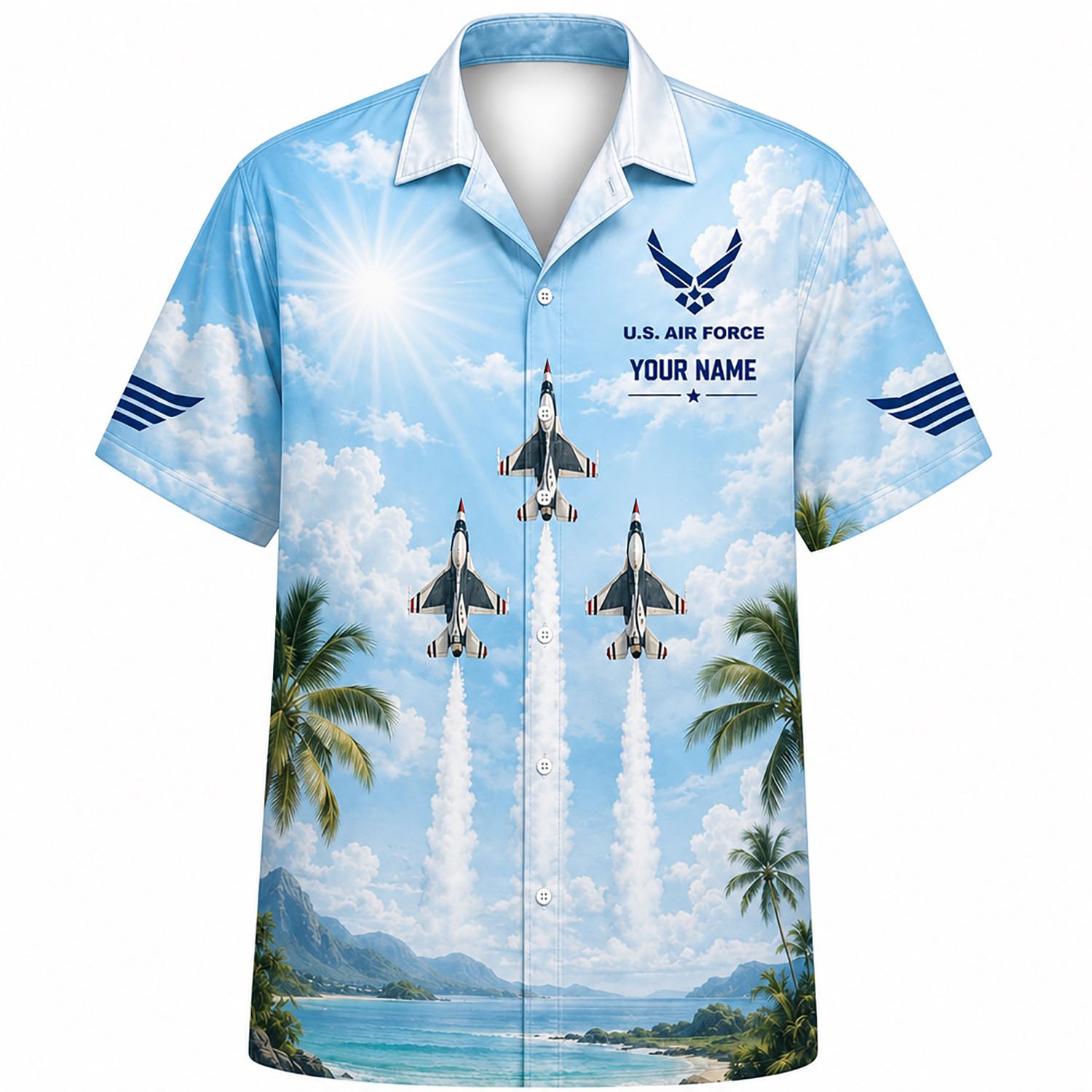 Front flat-lay view of the Personalized Sukhoi Su-57 Thunderbirds Hawaiian Shirt in bright blue sky with custom name print