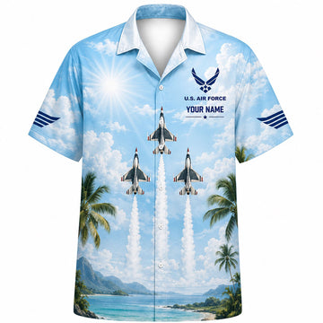 Front flat-lay view of the Personalized Sukhoi Su-57 Thunderbirds Hawaiian Shirt in bright blue sky with custom name print