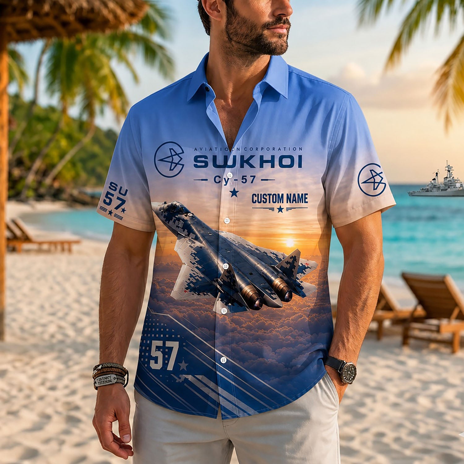 Front flat-lay view of the Personalized Sukhoi Su-57 Fighter Jet Hawaiian Shirt in vibrant sunset blue with custom name line