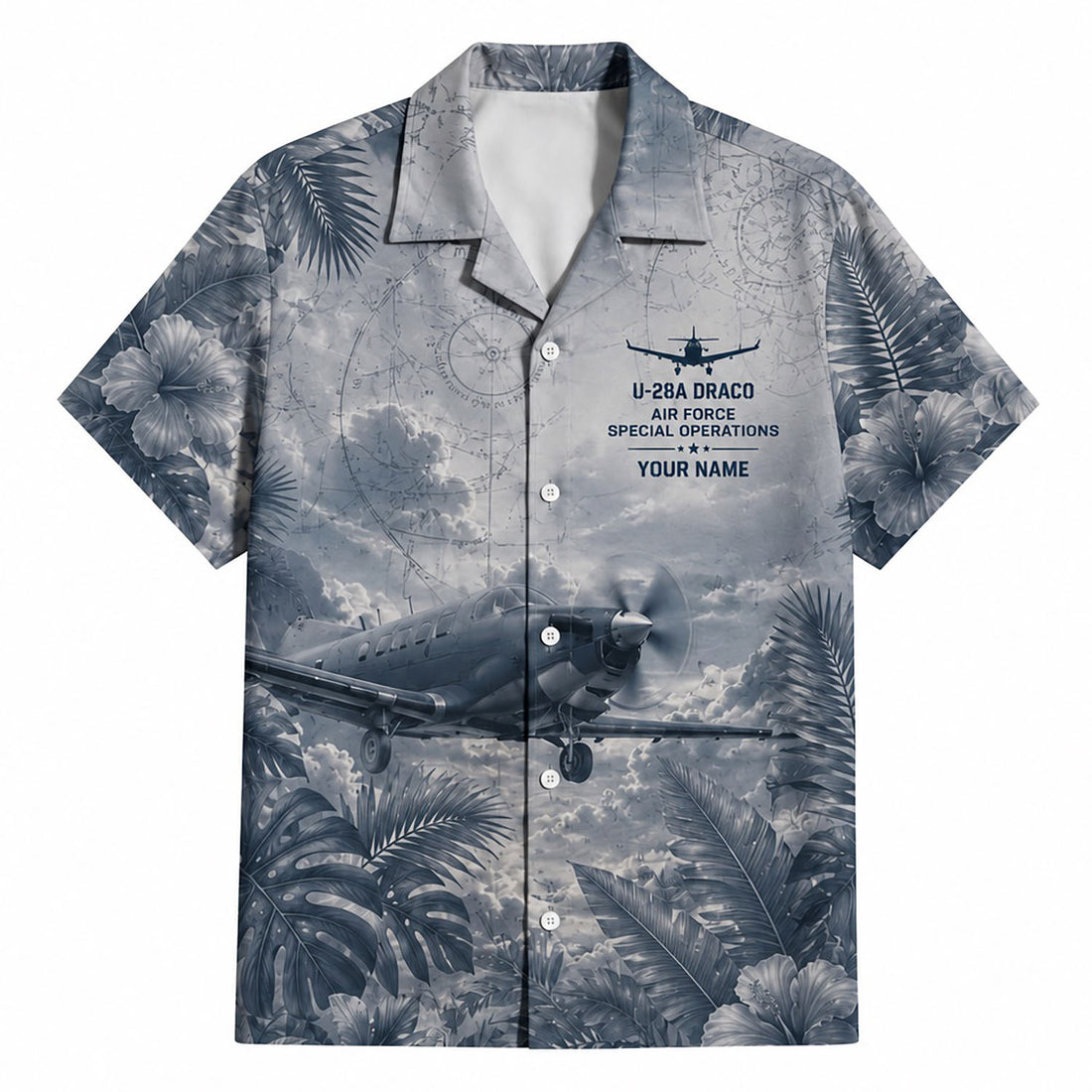 Front flat-lay view of the muted slate blue U-28A Draco Hawaiian shirt featuring a flight chart background, custom name layout, and tactical propeller aircraft graphic
