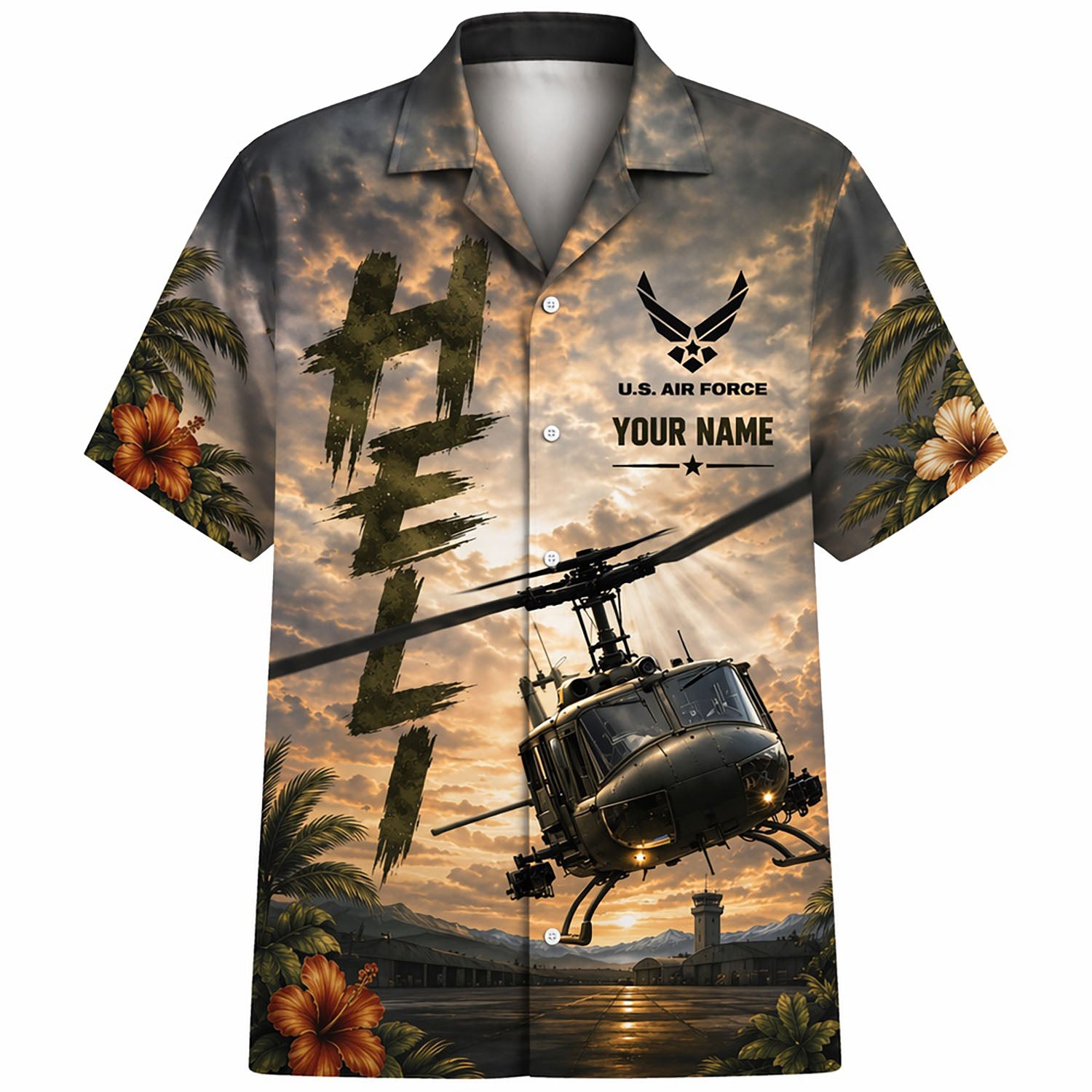 Front flat-lay view of the Personalized UH-1 Huey Helicopter Hawaiian Shirt in military camouflage sunset with custom name panel