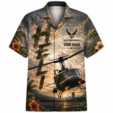 Front flat-lay view of the Personalized UH-1 Huey Helicopter Hawaiian Shirt in military camouflage sunset with custom name panel