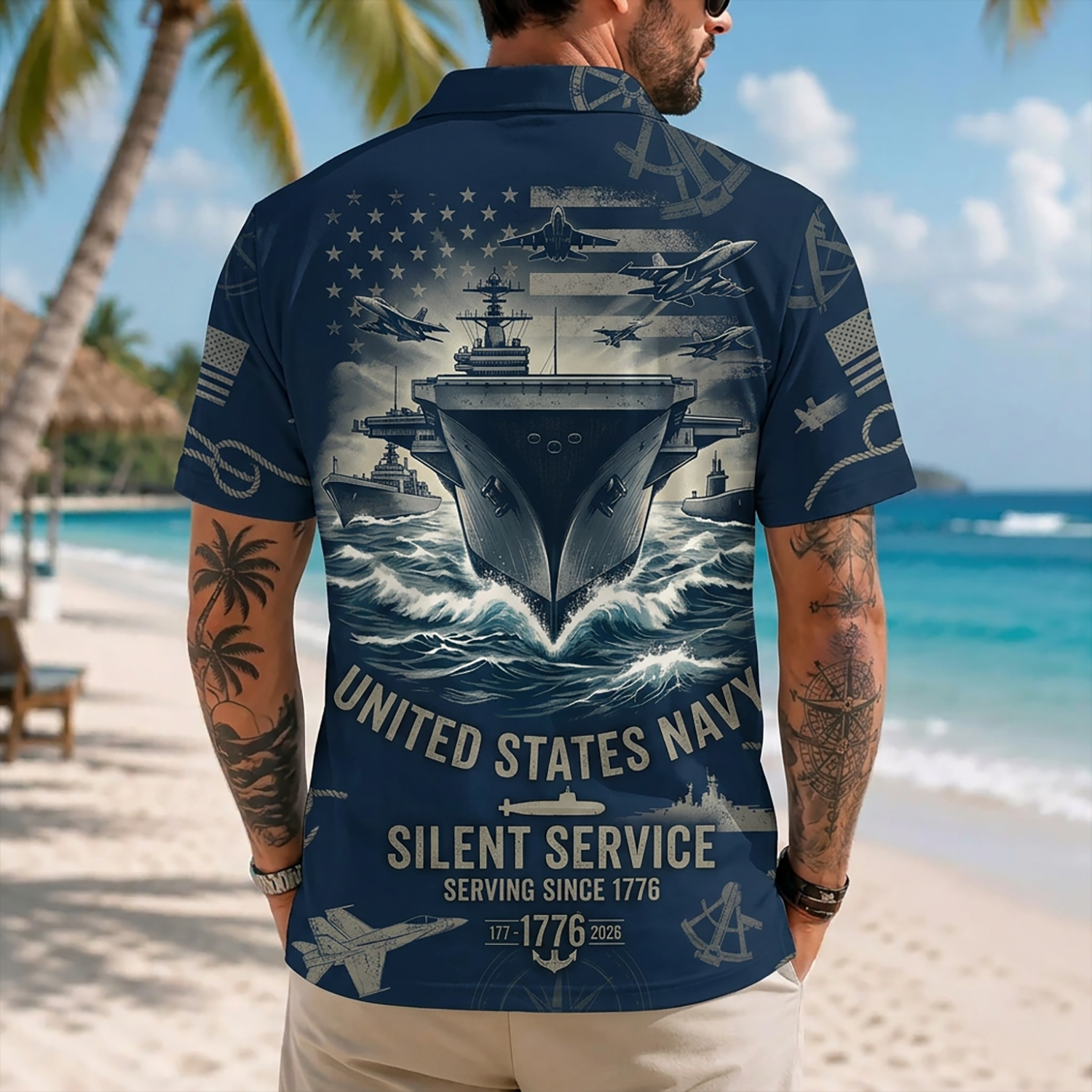 Mens US Navy Hawaiian Shirt Back View Featuring Aircraft Carrier, Submarine Fleet, and Silent Service Serving Since 1776 Typography