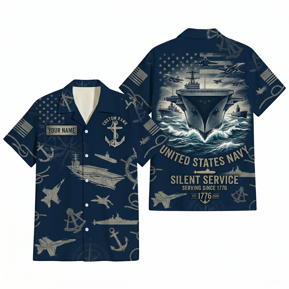Mens Personalized United States Navy Silent Service Fleet Hawaiian Shirt Flat Layout