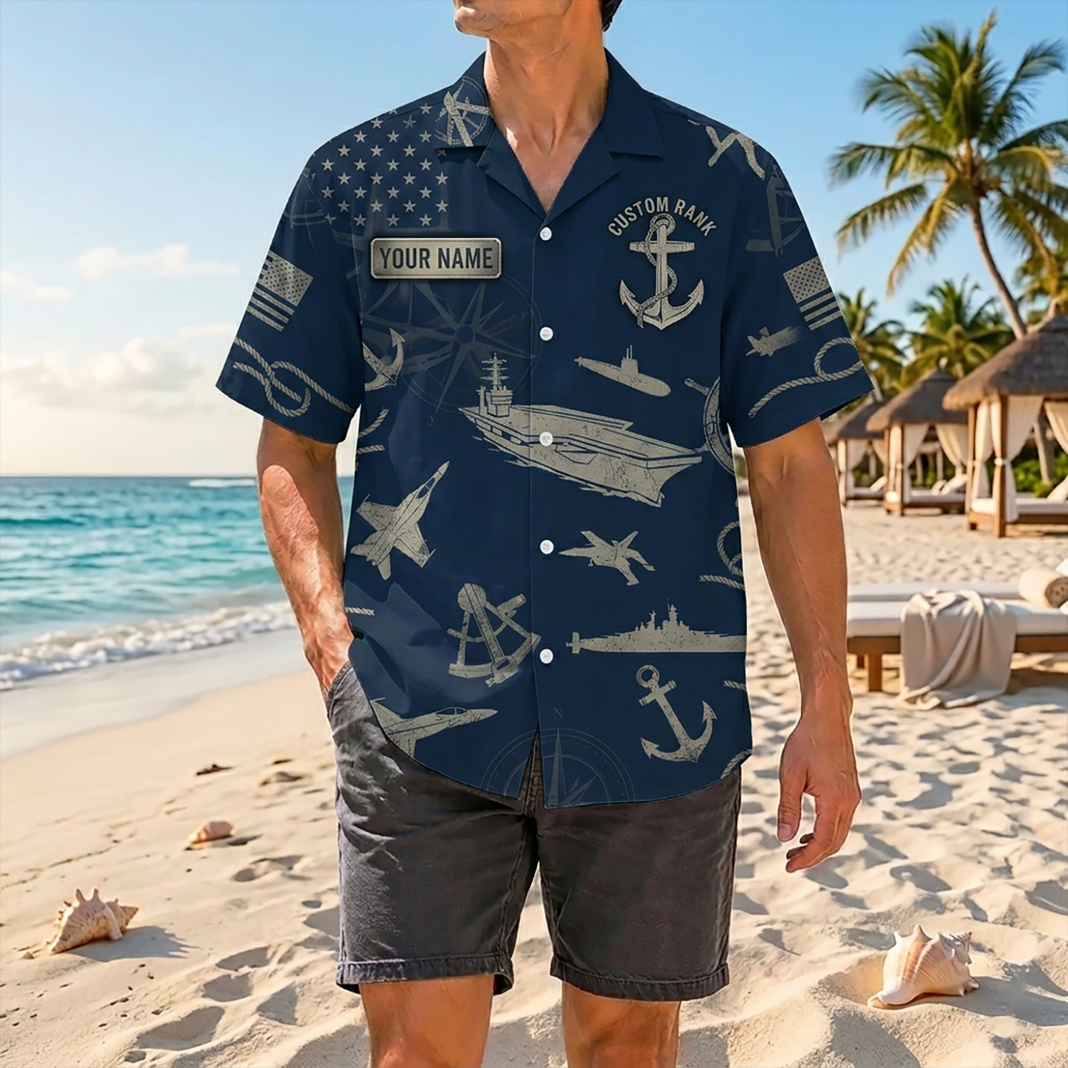Mens US Navy Hawaiian Shirt Front View Showing Custom Name and Rank Badge Slots on Model