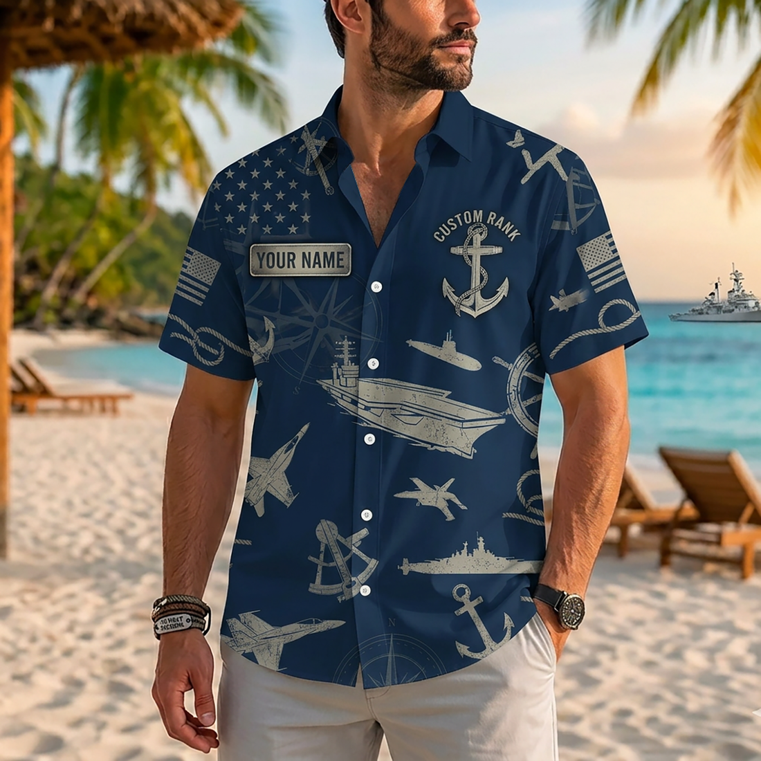 Mens Personalized United States Navy Silent Service Fleet Hawaiian Shirt Flat Layout