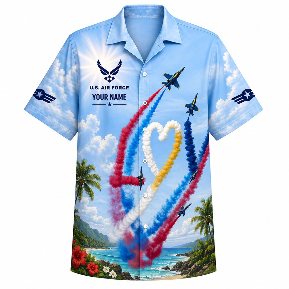 Front flat-lay view of a light blue Hawaiian shirt featuring U.S. Air Force branding, custom name placeholder, and patriotic smoke trails forming a heart shape