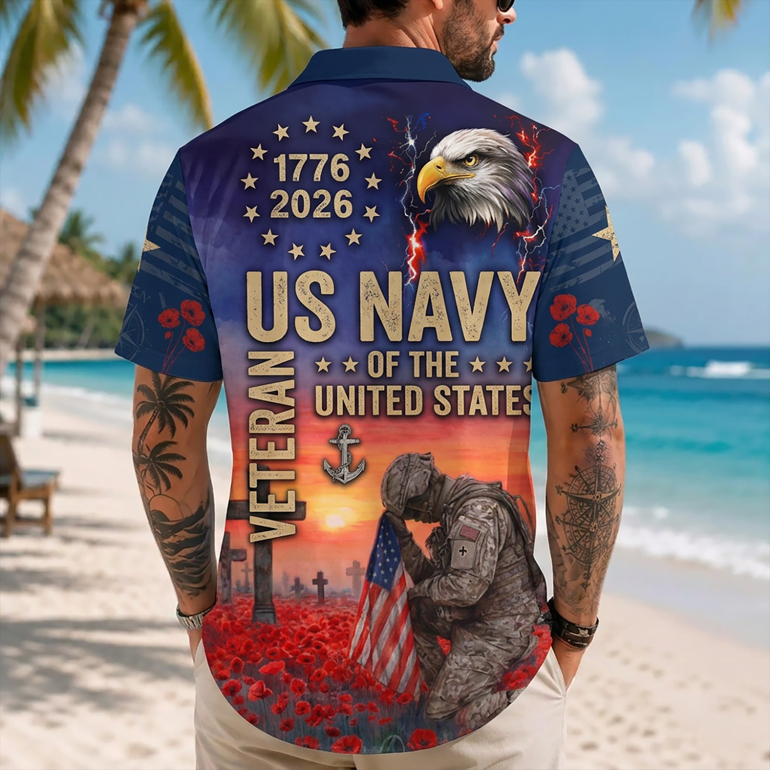 Mens US Navy Hawaiian Shirt Back View Featuring Kneeling Soldier, Flag, And Remembrance Poppies
