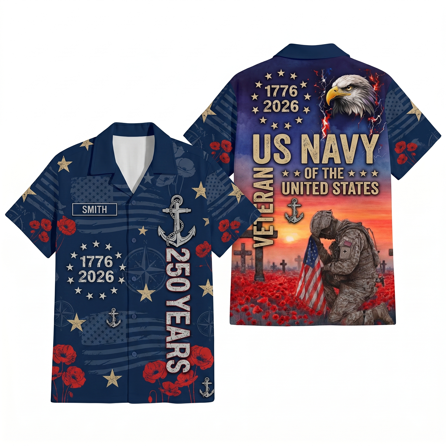 Mens Personalized US Navy 250 Years Remembrance Hawaiian Shirt Flat Layout