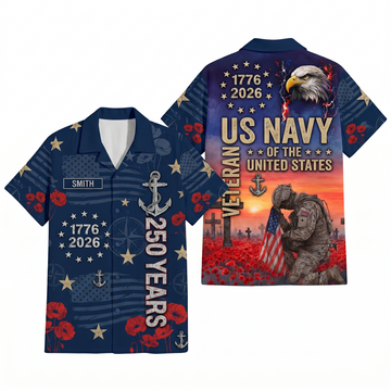 Mens Personalized US Navy 250 Years Remembrance Hawaiian Shirt Flat Layout