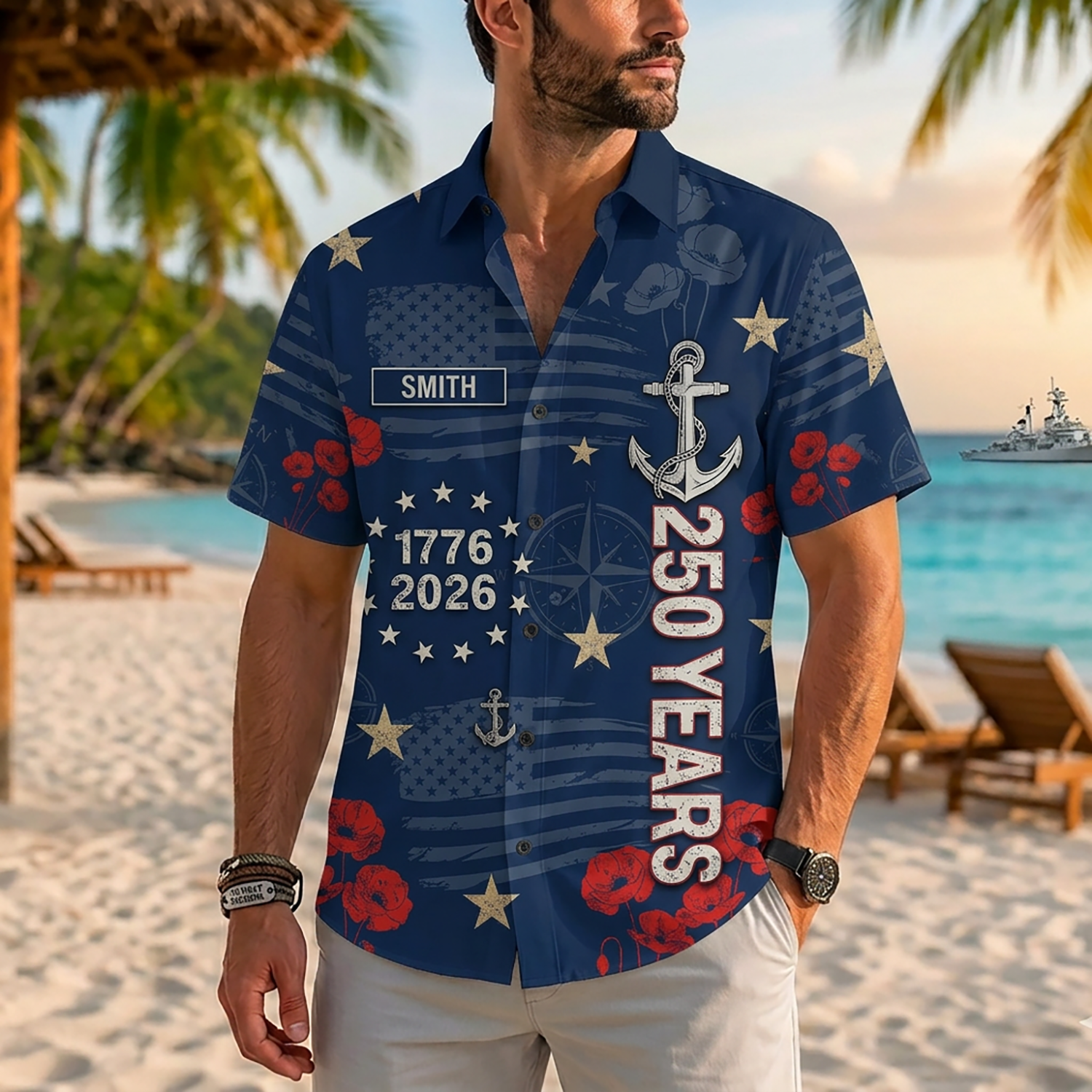 Mens US Navy Hawaiian Shirt Front View Showing Custom Name Slot And 250 Years Print On Model