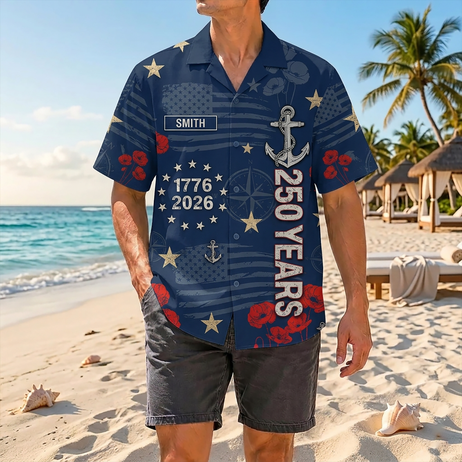 Proud Veteran Wearing Matching Personalized US Navy 250 Years Remembrance Hawaiian Shirt On A Tropical Beach