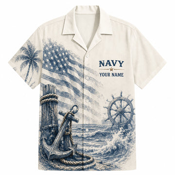 Front flat-lay view of the Personalized US Navy 250th Anniversary Hawaiian Shirt in cream with denim blue nautical sketches and custom name