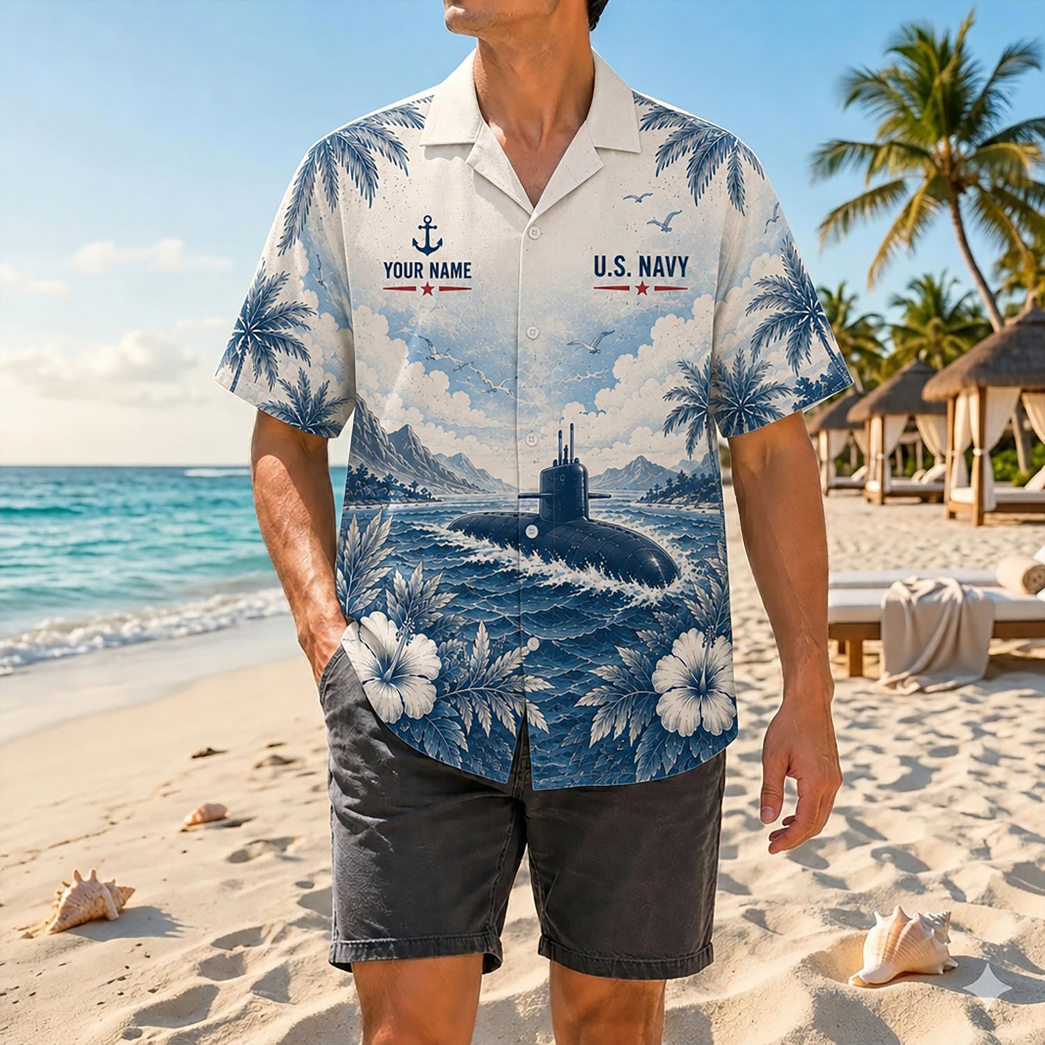 Full shot of a male model posing on a sunny shore wearing the personalized US Navy Akula-class submarine vintage Hawaiian shirt with charcoal shorts