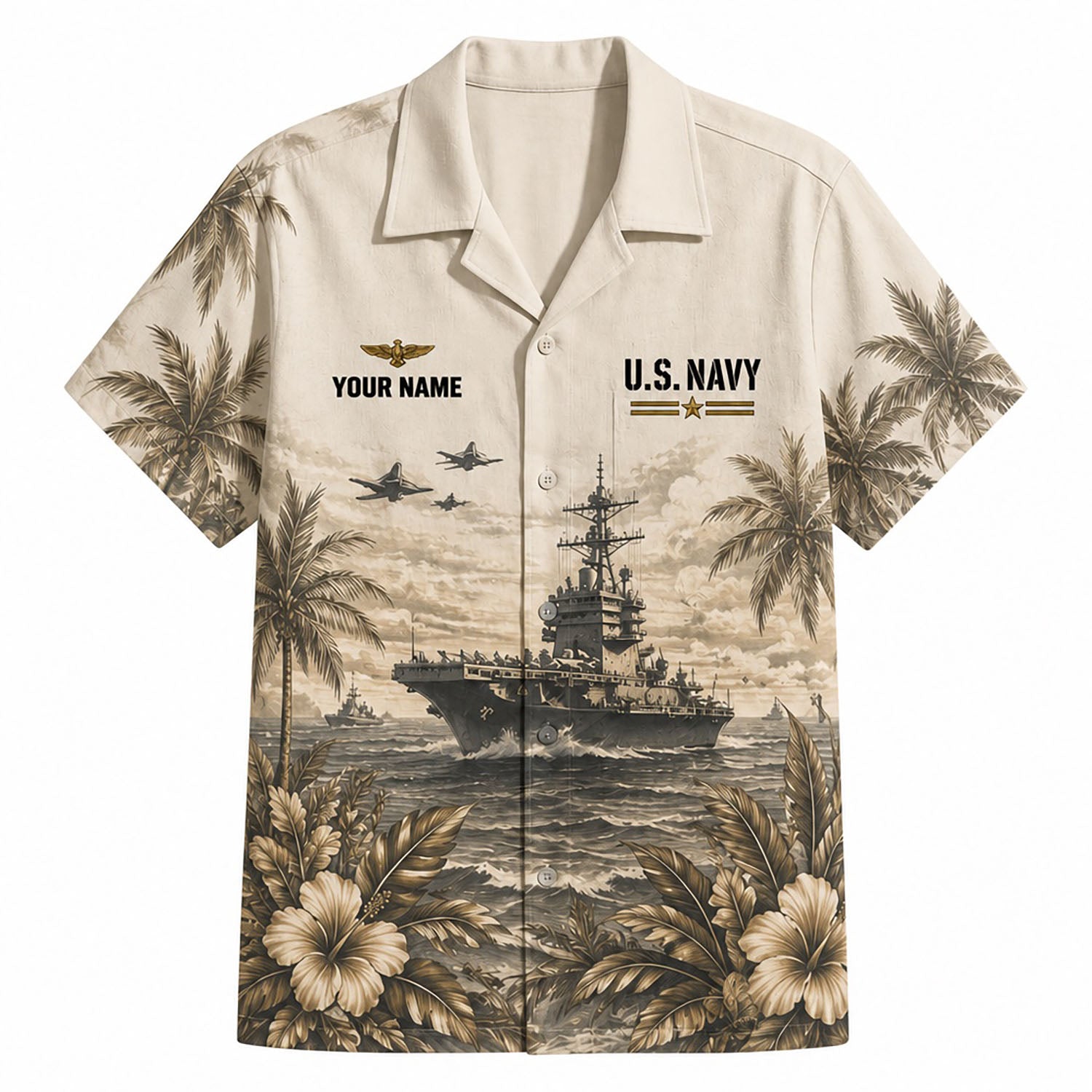 Front flat-lay view of the Personalized US Navy Battleship Hawaiian Shirt in cream featuring an aircraft carrier, fighter jets, and custom name layout