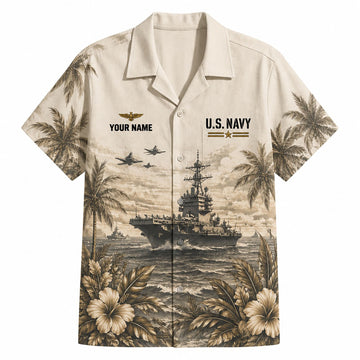 Front flat-lay view of the Personalized US Navy Battleship Hawaiian Shirt in cream featuring an aircraft carrier, fighter jets, and custom name layout