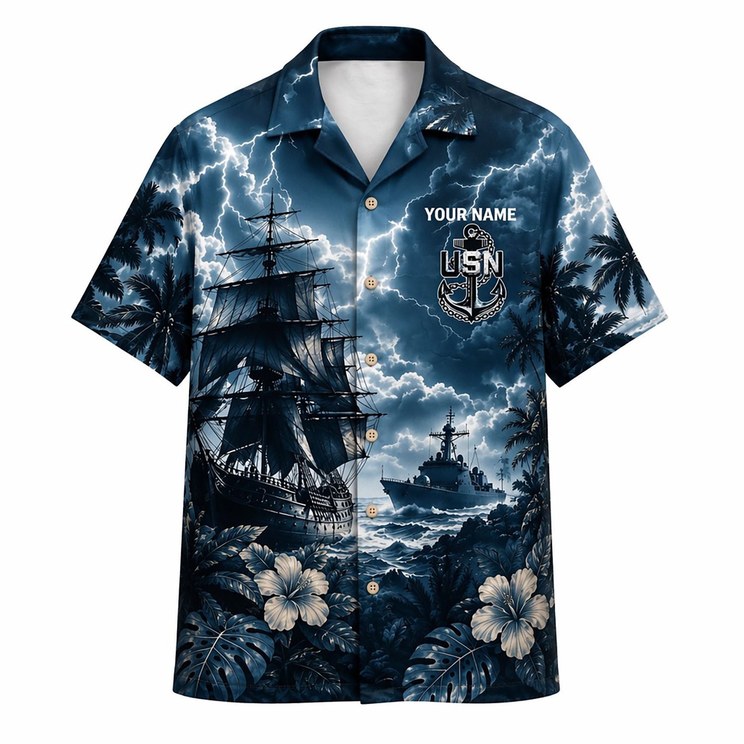 Front flat-lay view of the Personalized US Navy Battleship Hawaiian Shirt with custom name, USN anchor logo, and historical galleon ship under a lightning storm