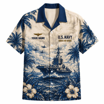Front flat-lay view of the Personalized US Navy Hawaiian Shirt featuring a dark navy blue collar, aircraft carrier print, and custom name badge on a cream base