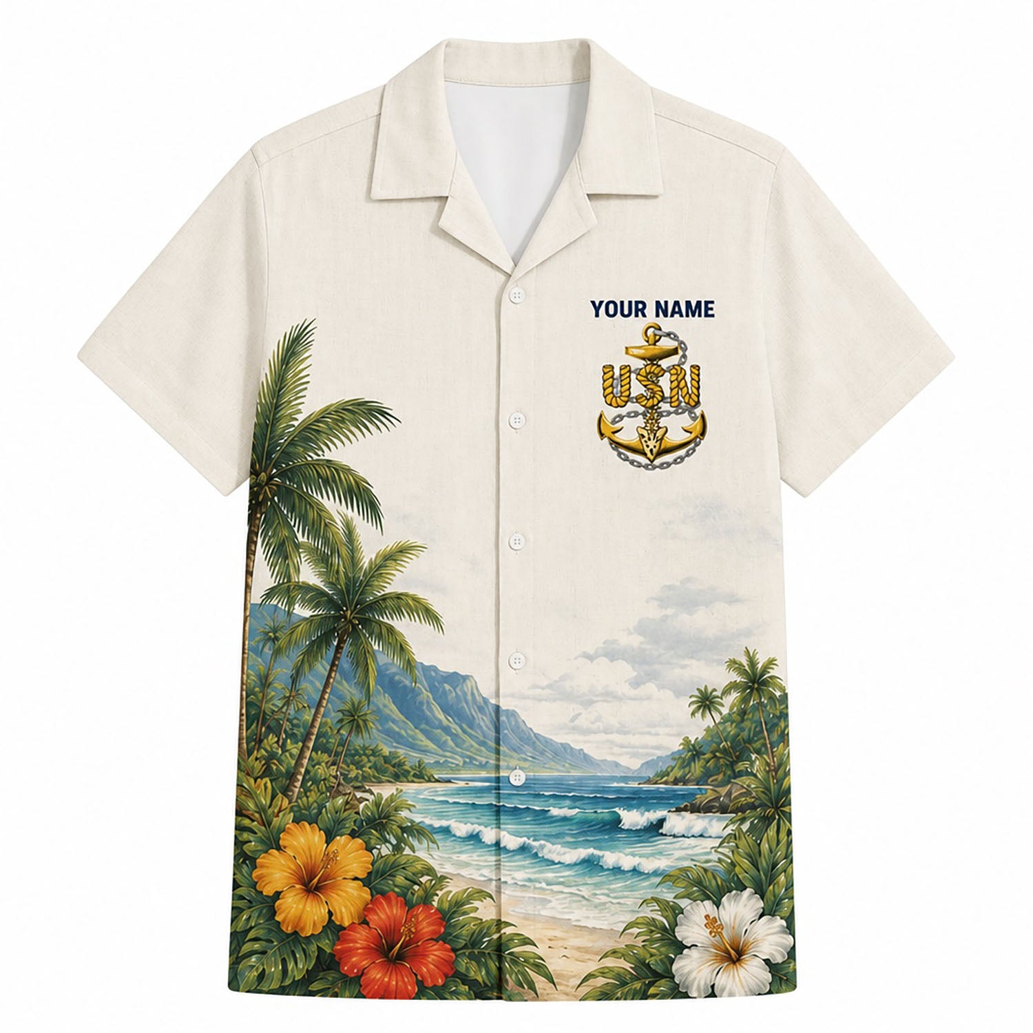 Front flat-lay view of the Personalized US Navy Chief Hawaiian Shirt with custom name, golden USN fouled anchor insignia, and tropical beach scenery
