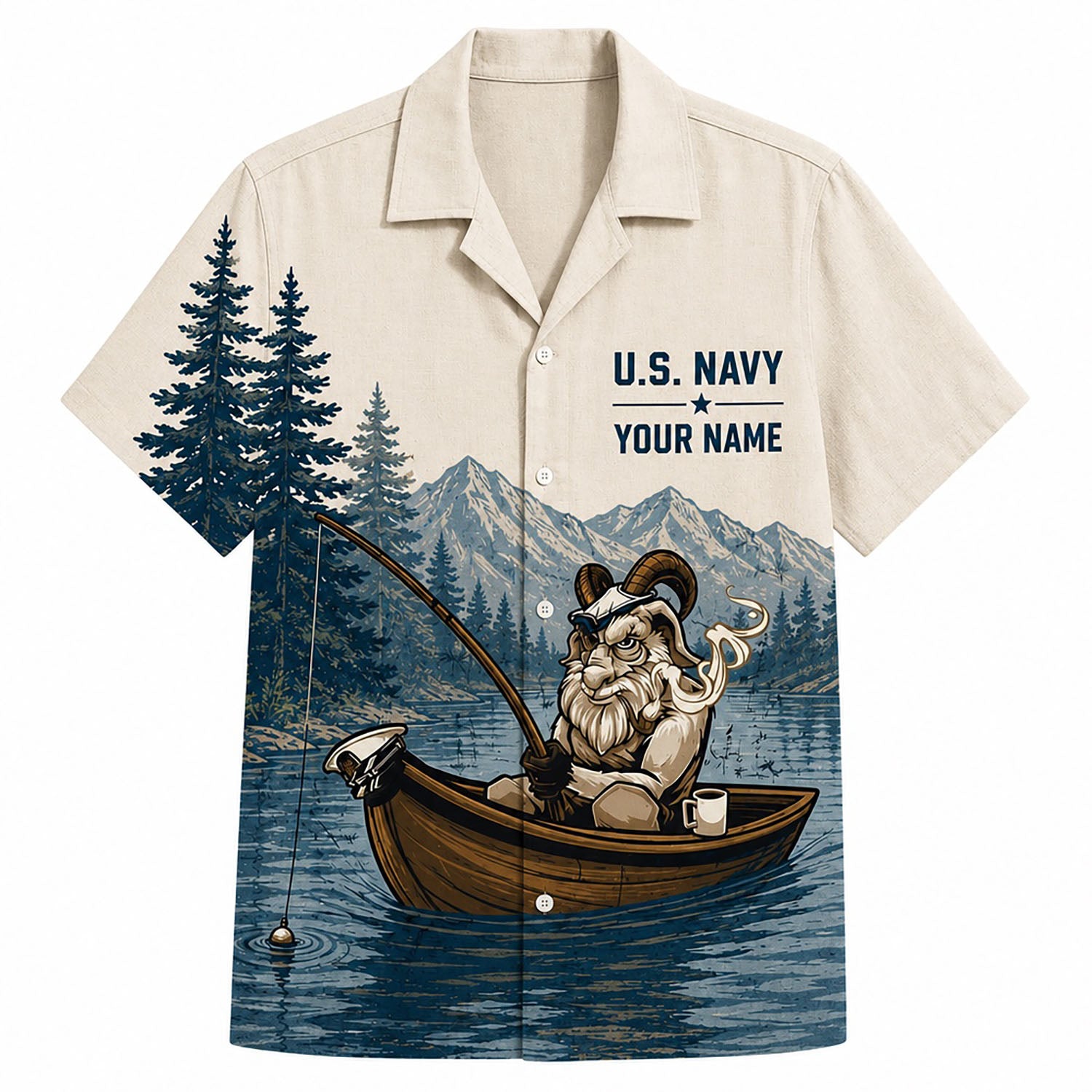 Front flat-lay view of the Personalized U.S. Navy Chief Retired Cream Hawaiian Shirt featuring a funny Navy GOAT character fishing in a wooden boat