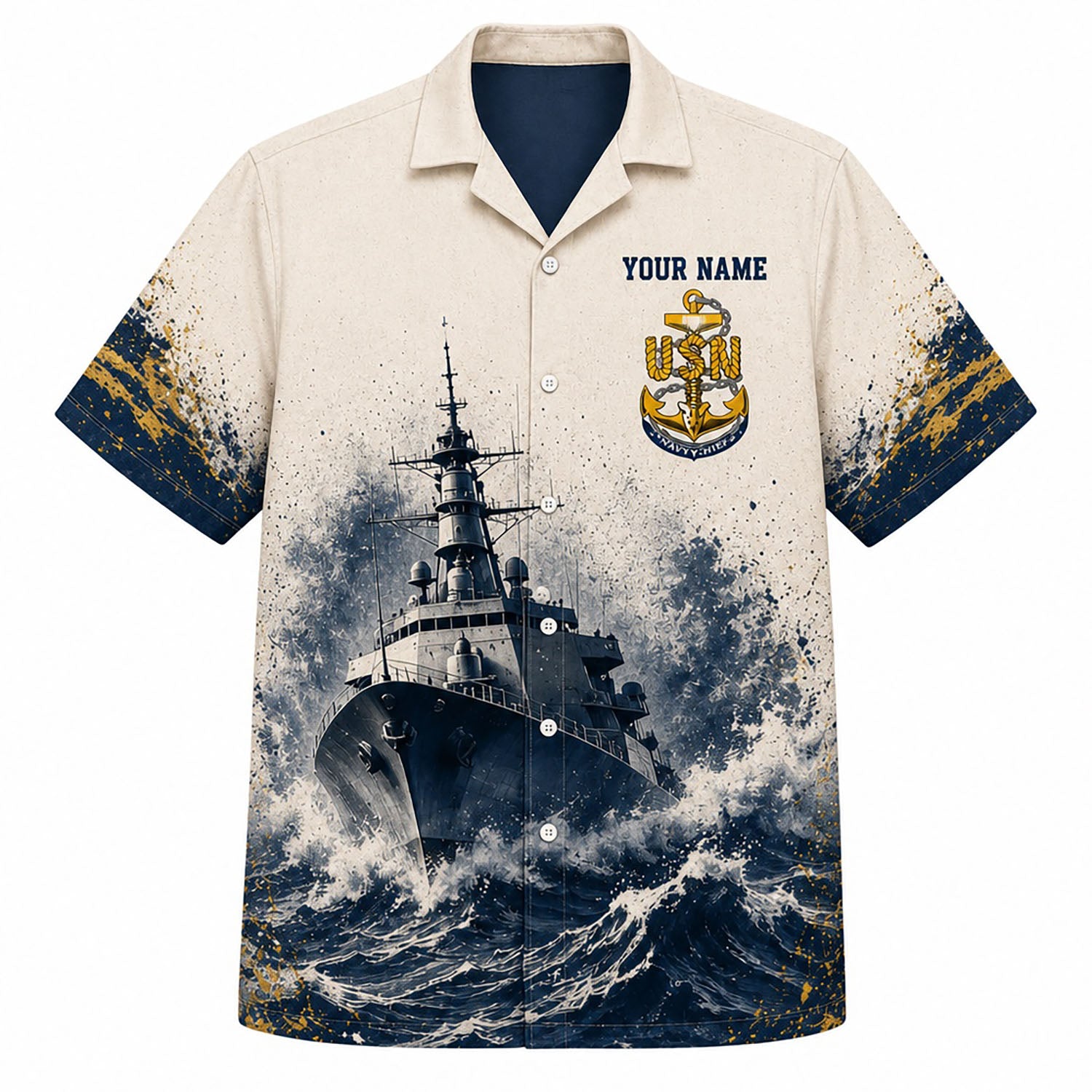 Front flat-lay view of the Personalized US Navy Chief Warship Hawaiian Shirt with custom name, golden CPO anchor insignia, and heavy ocean waves