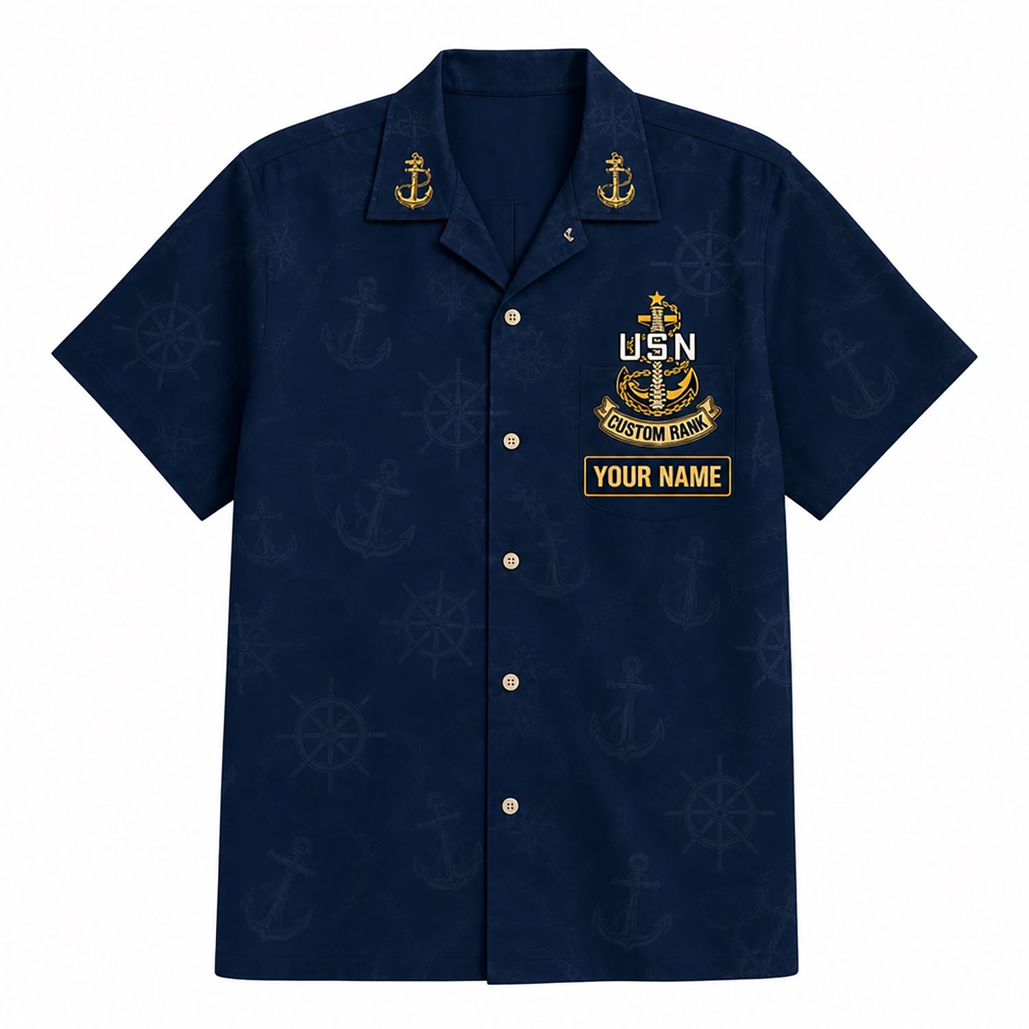 Front flat-lay view of the Personalized US Navy Chiefs Hawaiian Shirt with custom name, rank badge, and dual collar anchor insignias
