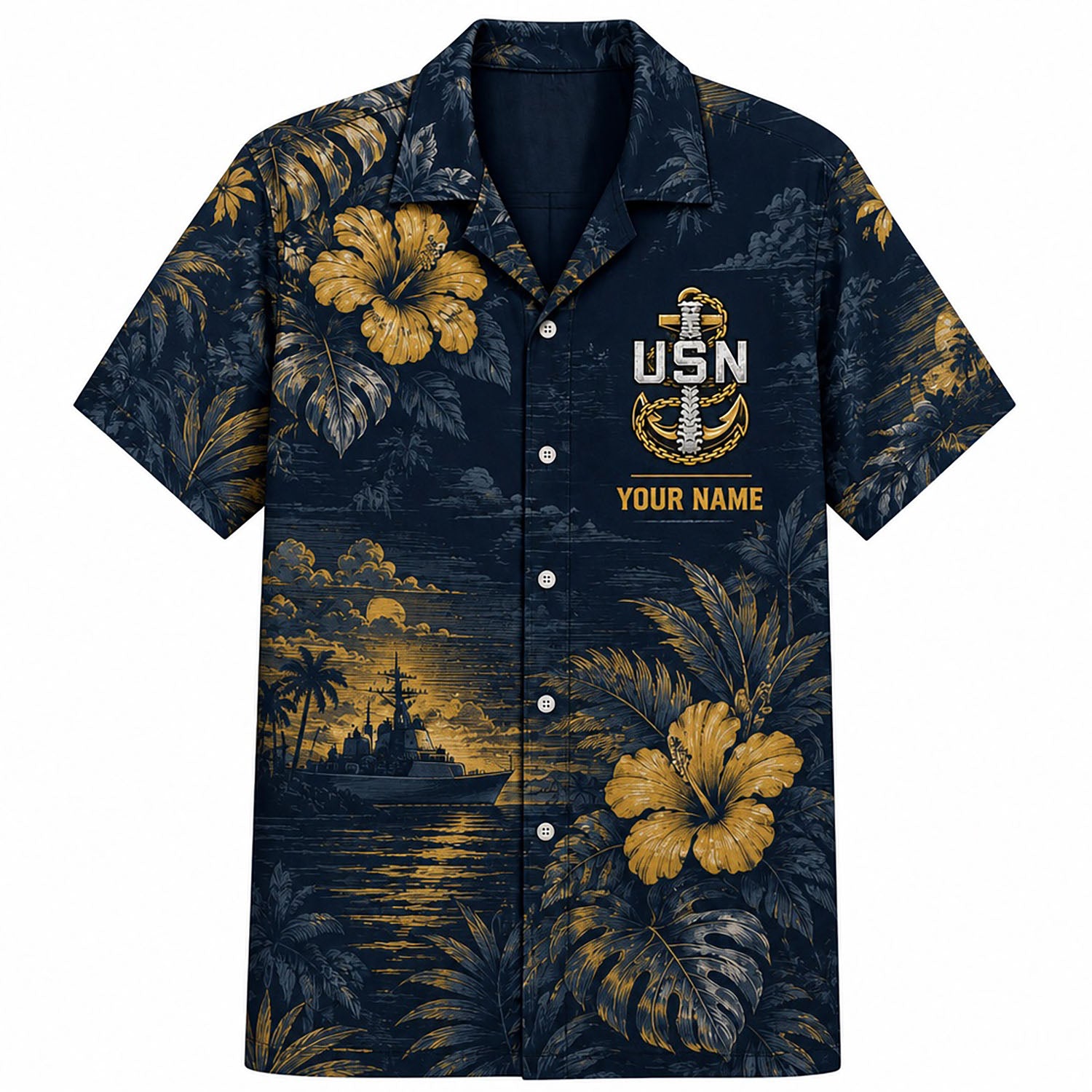 Front flat-lay view of the Personalized US Navy Chiefs Hawaiian Shirt with golden yellow hibiscus prints, custom name, and USN anchor logo