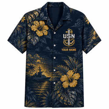Front flat-lay view of the Personalized US Navy Chiefs Hawaiian Shirt with golden yellow hibiscus prints, custom name, and USN anchor logo