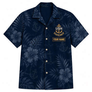 Front flat-lay view of the Personalized US Navy Hawaiian Shirt with a gold custom rank crest and nameplate block