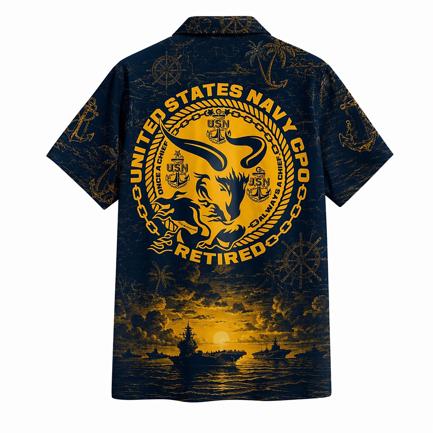 Back view mockup of the Navy CPO shirt showing a large golden Chief Petty Officer goat emblem and a naval aircraft carrier fleet at sunset.
