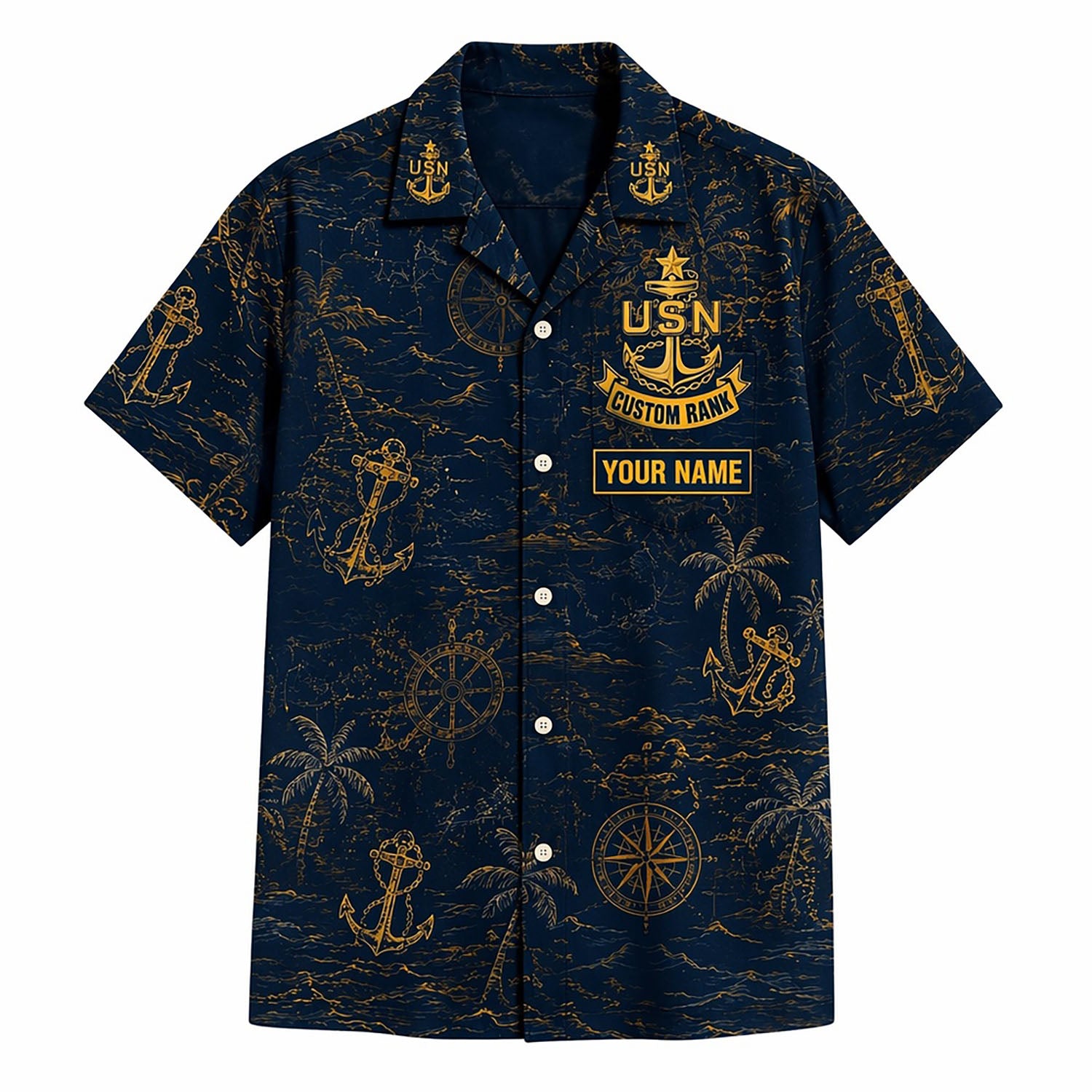 Front flat-lay view of the Personalized US Navy CPO Gold Hawaiian Shirt with custom name and rank placeholders on a nautical navy background