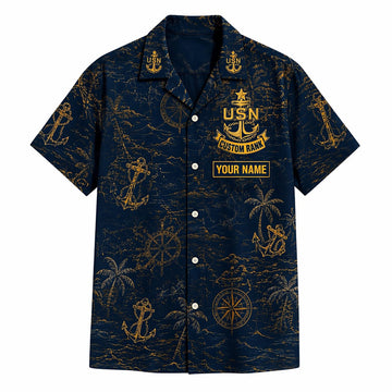 Front flat-lay view of the Personalized US Navy CPO Gold Hawaiian Shirt with custom name and rank placeholders on a nautical navy background