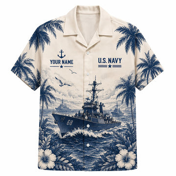 Front flat-lay view of the Personalized US Navy Hawaiian Shirt in cream featuring a detailed blue sketch destroyer warship and custom name text block