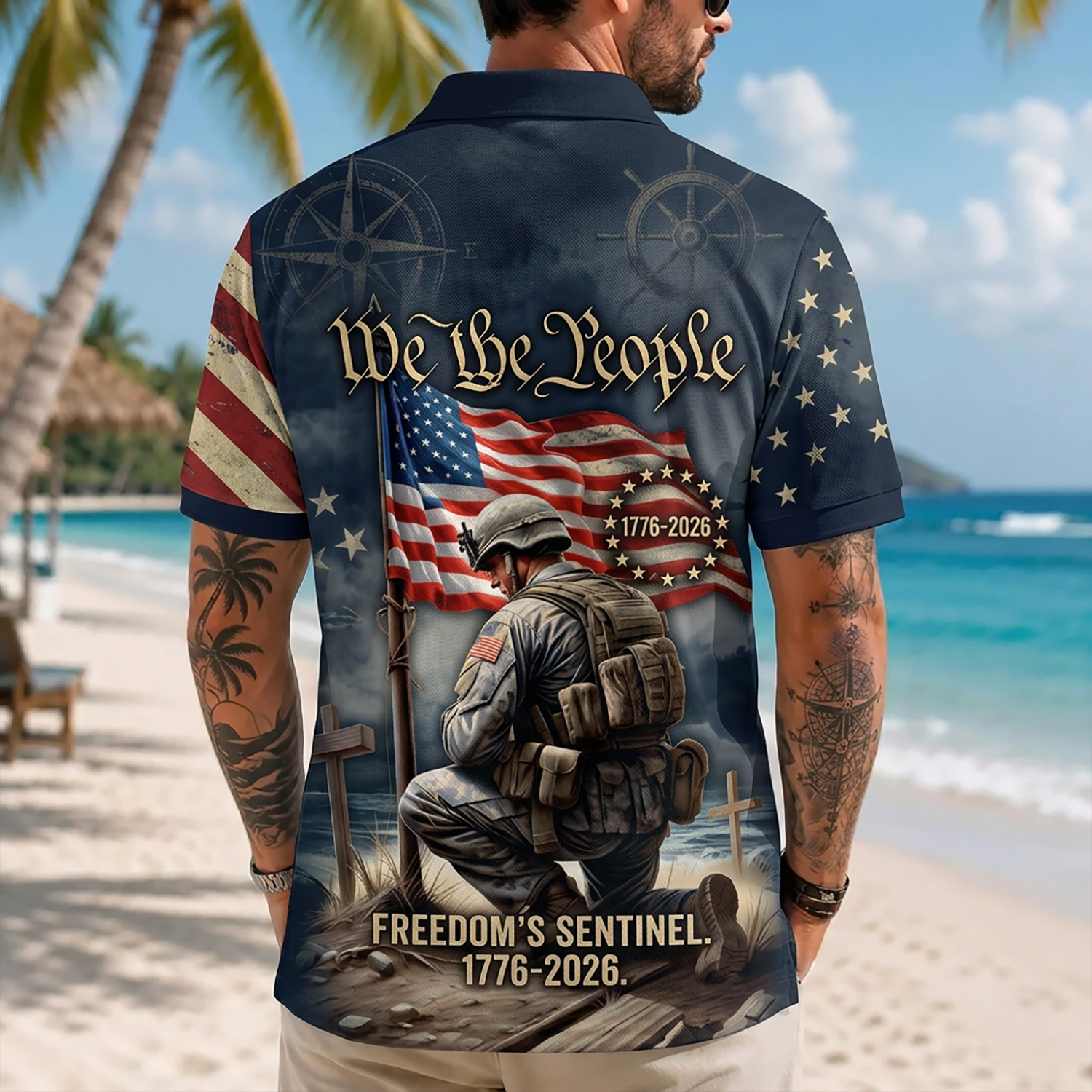 Mens US Navy Hawaiian Shirt Back View Featuring Kneeling Soldier, American Flag, And We The People Script