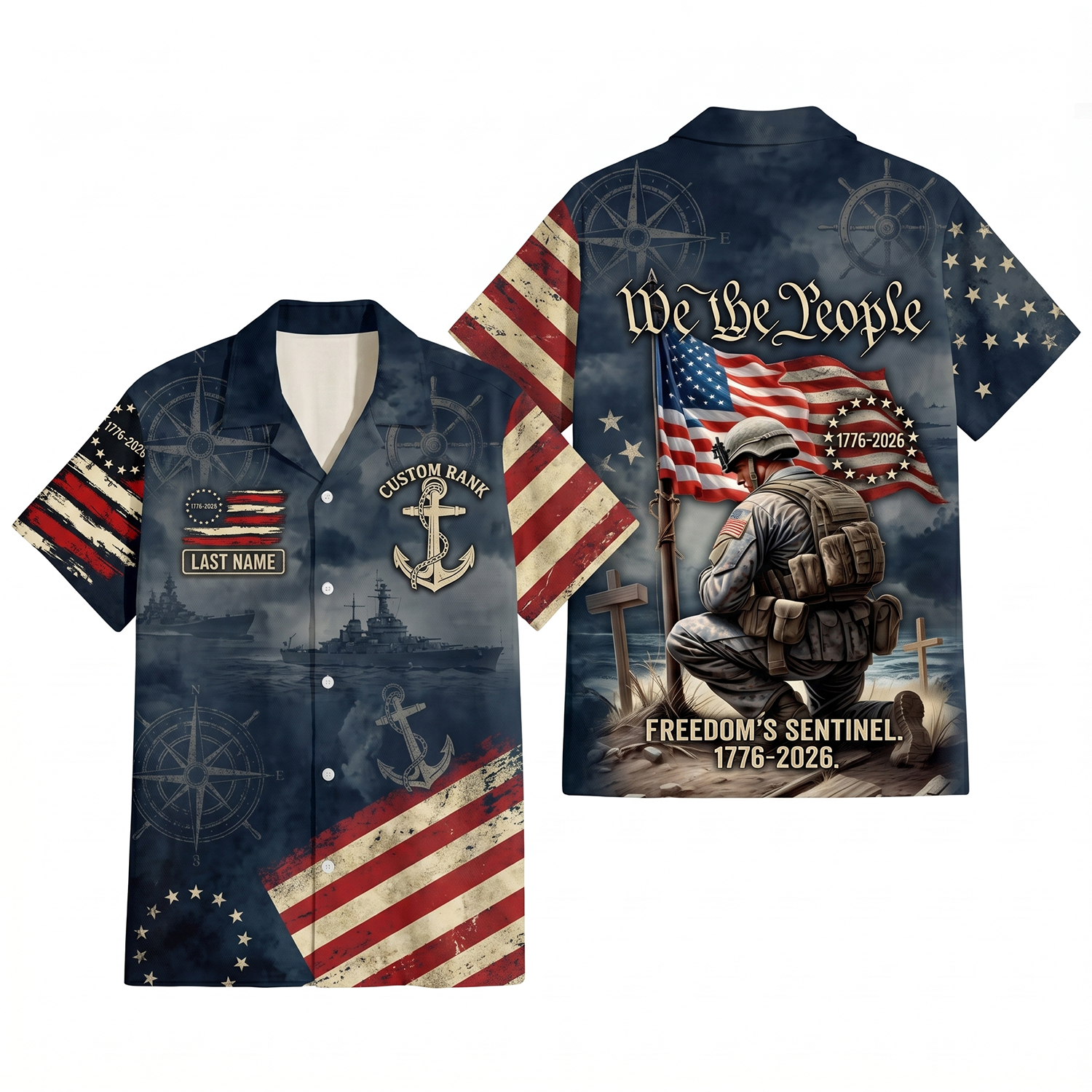 Mens Personalized US Navy Freedom's Sentinel We The People Hawaiian Shirt Flat Layout