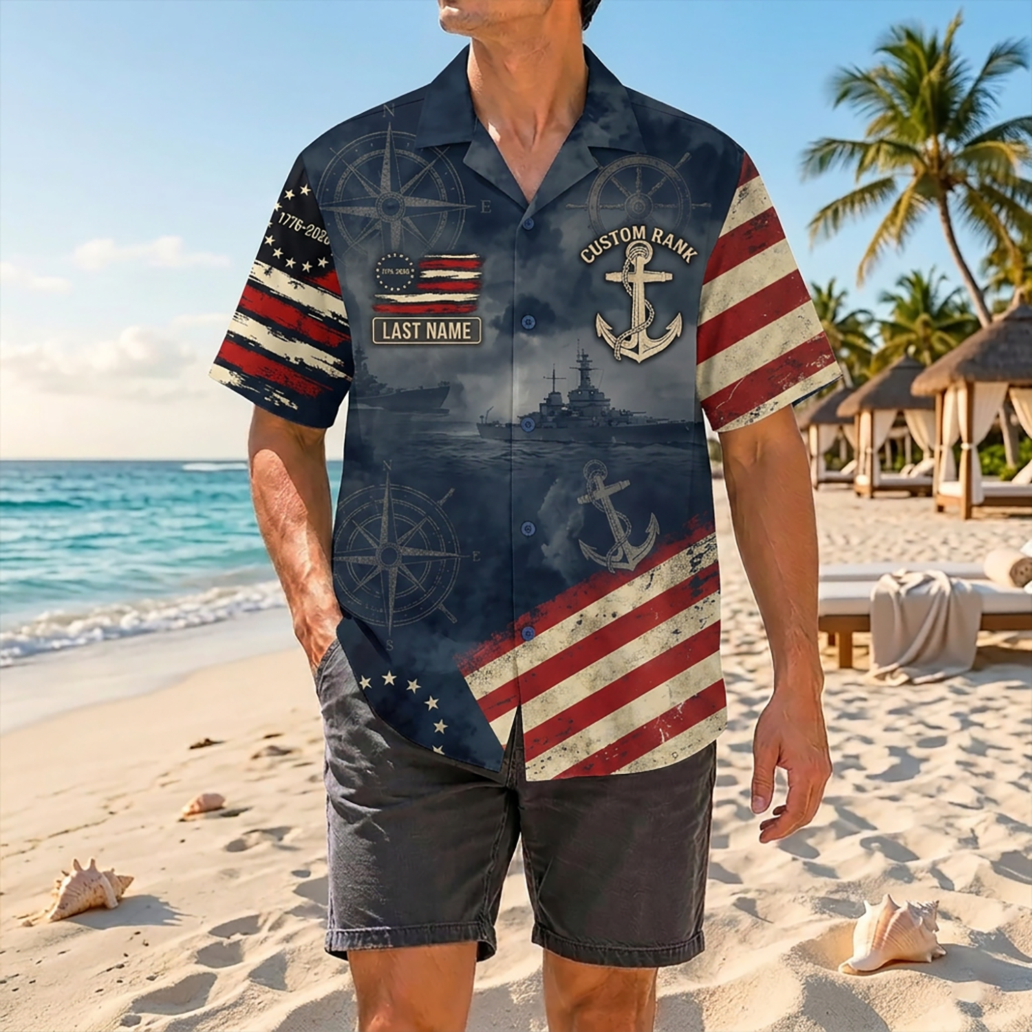 Mens US Navy Hawaiian Shirt Front View Showing Custom Last Name and Rank Slots on Model