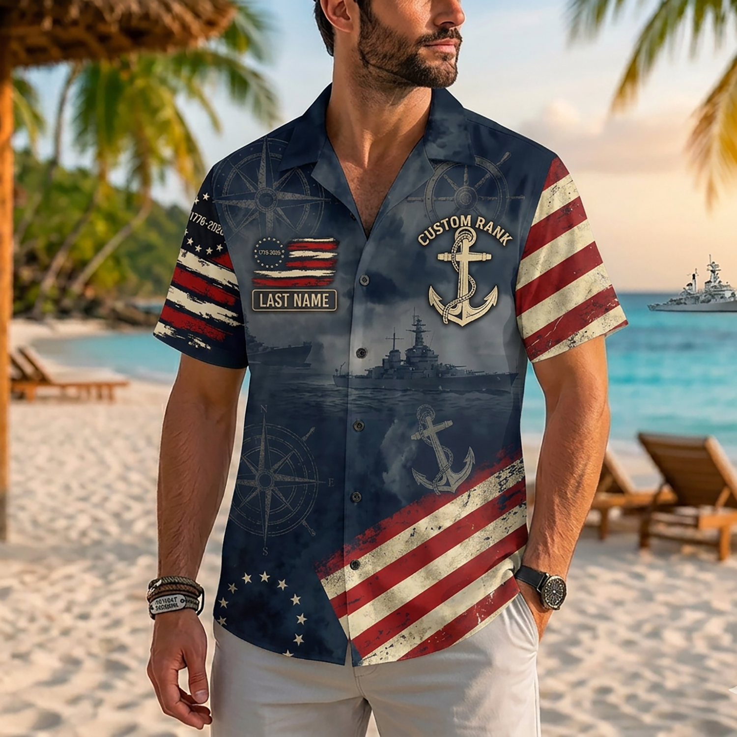 Proud Veteran Wearing Matching Personalized US Navy Freedom's Sentinel Hawaiian Shirt On A Tropical Beach