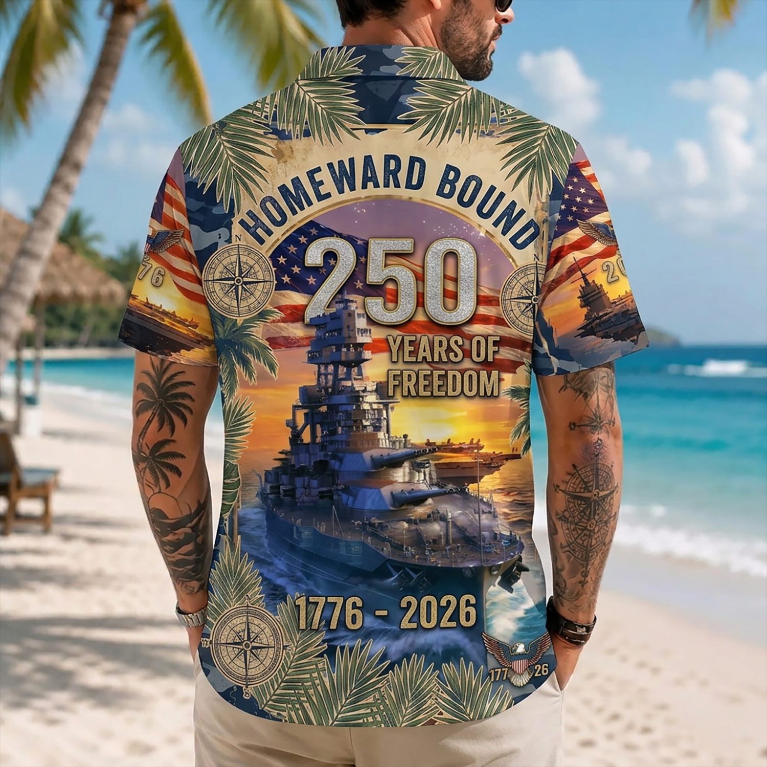 Mens US Navy Hawaiian Shirt Back View Featuring Homeward Bound Typography, Large Battleship, And 250 Years Of Freedom Graphic